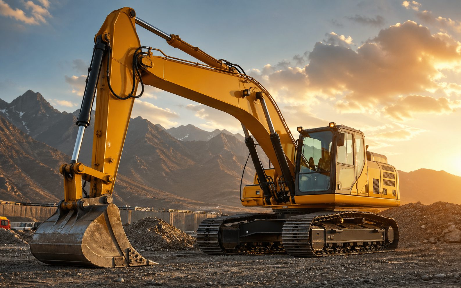 Excavadora hidráulica amarilla limpia y mantenida en faena tras servicio profesional de limpieza industrial