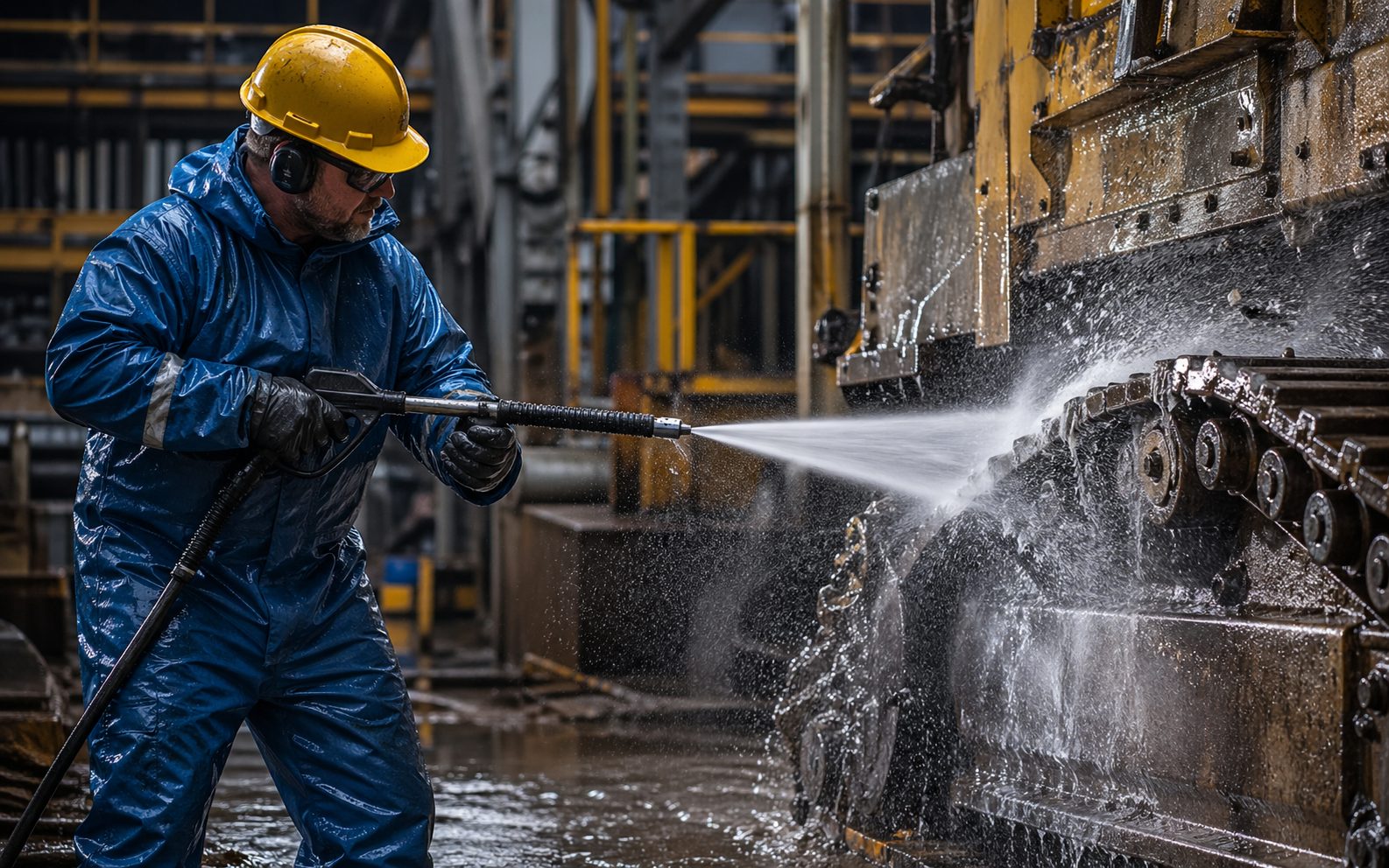 Operario industrial realizando hidrolavado profesional de alta presión sobre maquinaria pesada