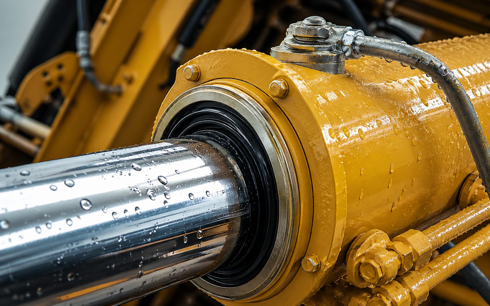 Detalle del brazo hidráulico y sellos de una excavadora amarilla tras limpieza profesional sin daños