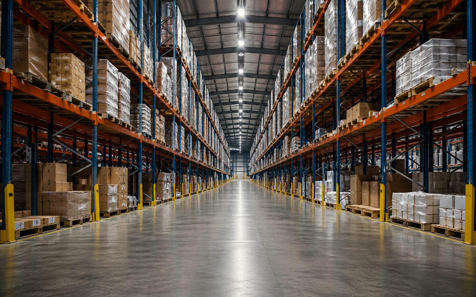 Galpón logístico industrial limpio con racks metálicos, piso pulido y orden operacional