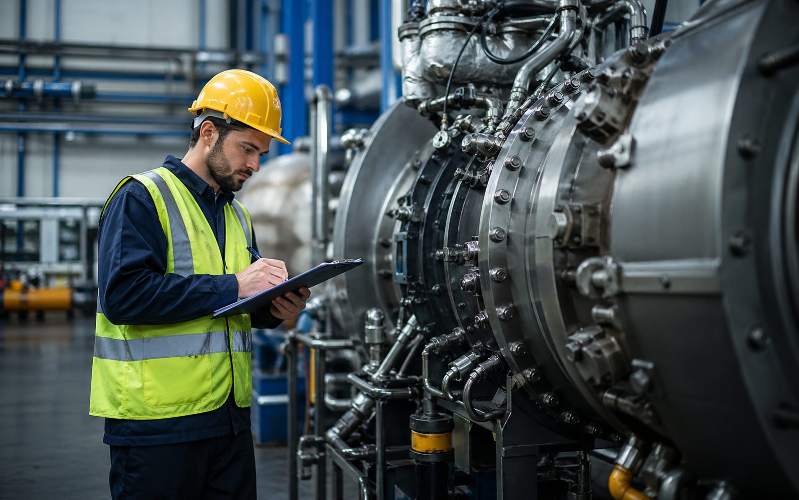 Ingeniero con casco amarillo inspeccionando maquinaria pesada para cotización de limpieza industrial