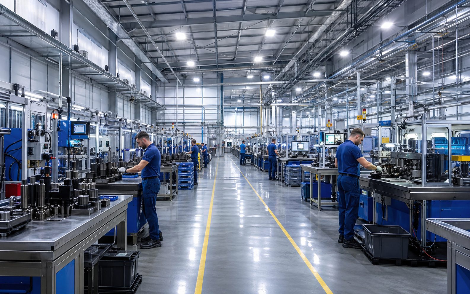 Planta de producción industrial limpia y ordenada con trabajadores uniformados y operación eficiente