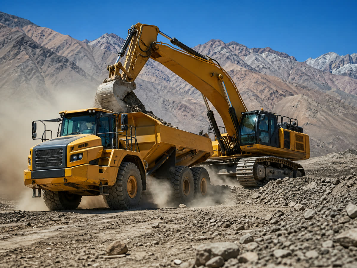Maquinaria pesada en operación en faena de construcción y minería en Chile, mantenida con servicio integral de limpieza industrial
